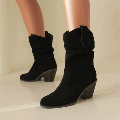 Retro Suede Slouchy Cowboy Boots - Chunky Heel Western Boots