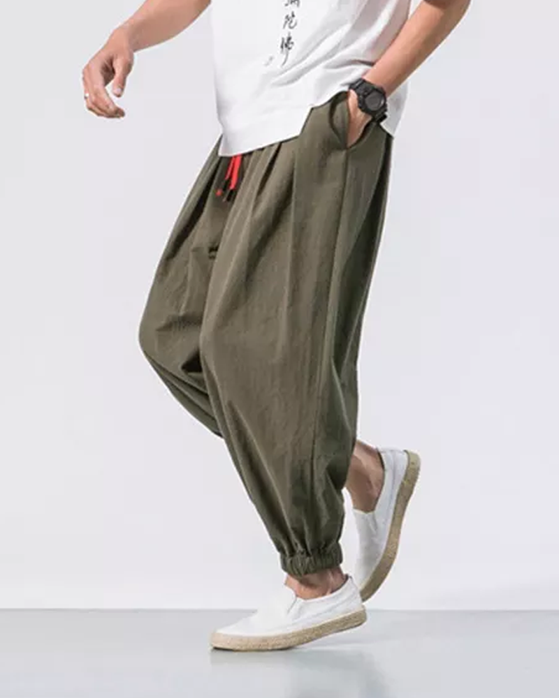 Men's Cotton Linen Cropped Pants - Loose Drawstring Trousers