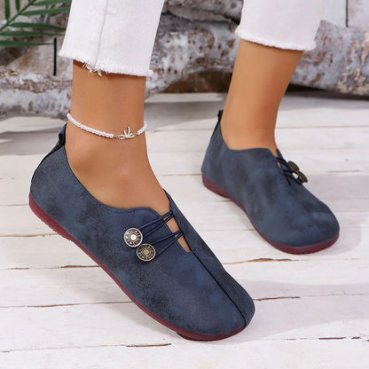 Women's Retro Metal Accent Loafers - Round Toe Slip-On Flats