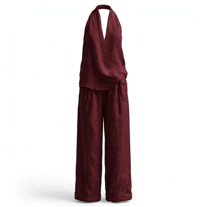 Linen Halter Tank and Wide Leg Pants Set - Women's Co-Ord