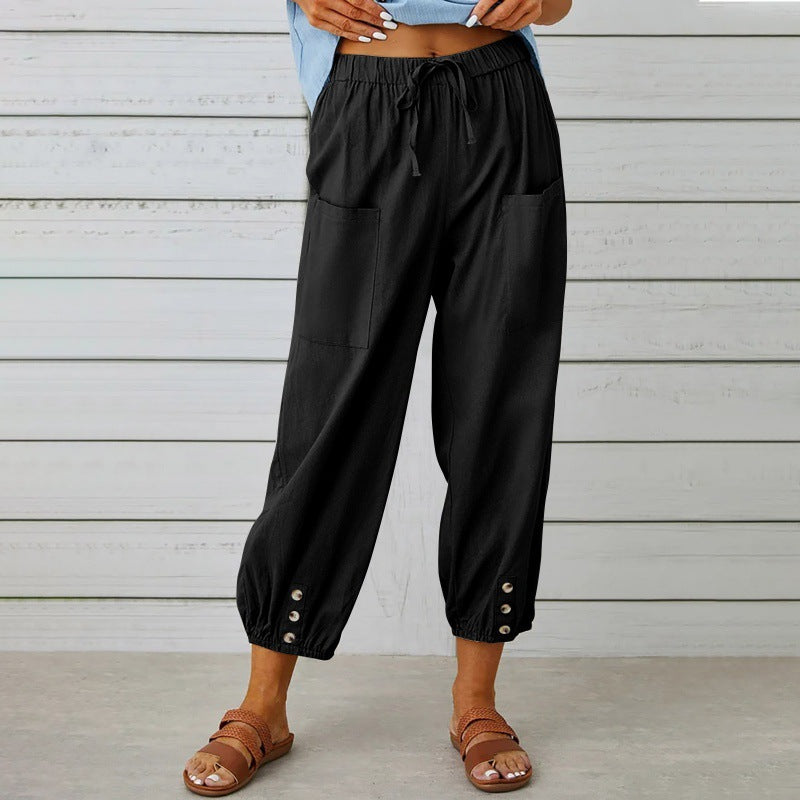 Women's Drawstring Cropped Trousers - Relaxed Cotton Linen