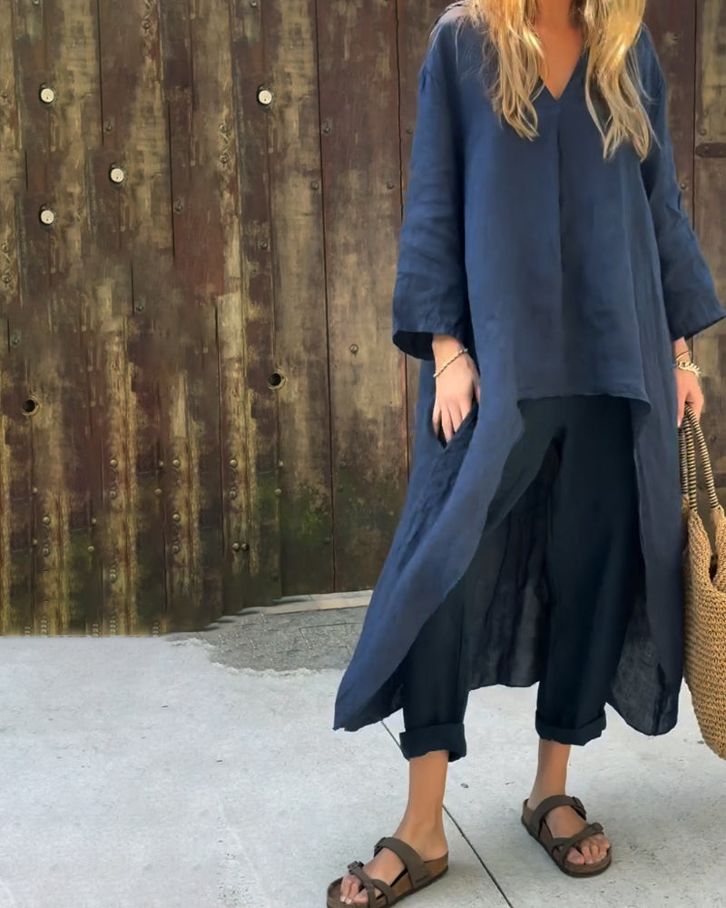 Women's Linen Two Piece Set - Relaxed Top and Pants Outfit
