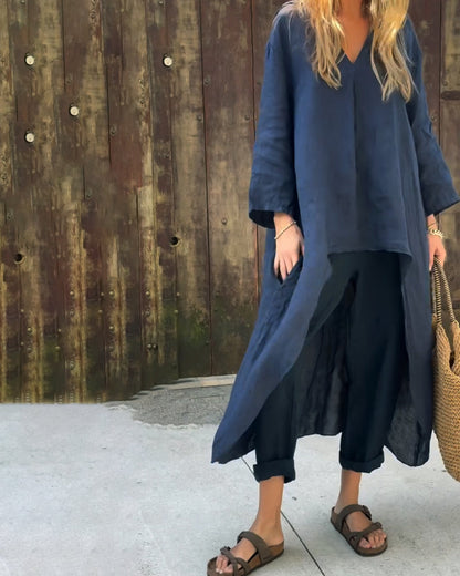 Women's Linen Two Piece Set - Relaxed Top and Pants Outfit