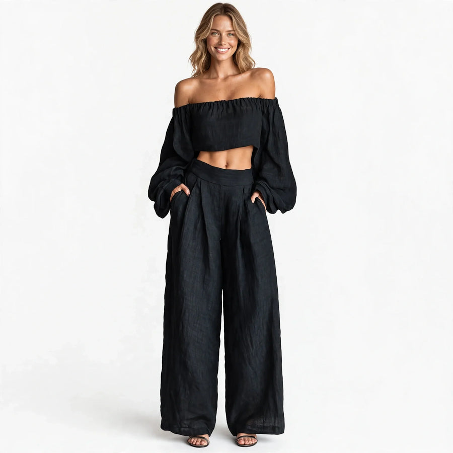 Strapless Linen Blend Top and Wide Leg Pants Set for Women