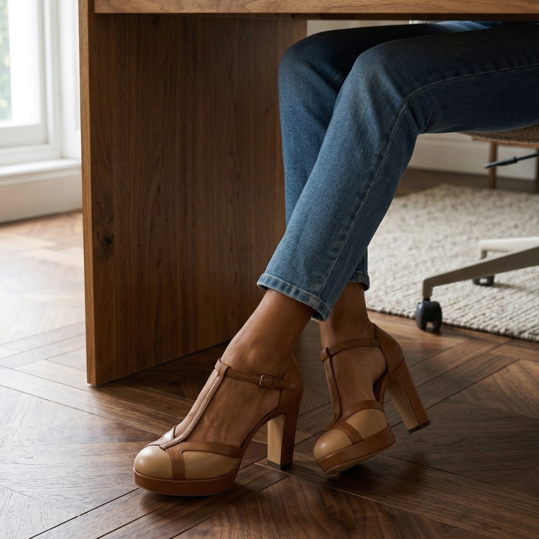 Women's Retro T-Strap Heels - Closed Round Toe Block Heels