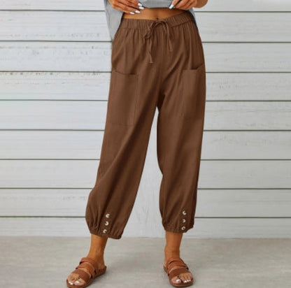 Women's Drawstring Cropped Trousers - Relaxed Cotton Linen