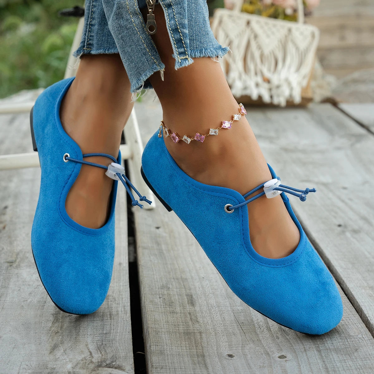 Women's Suede Mary Jane Flats - Lace-Up Ballet Loafers