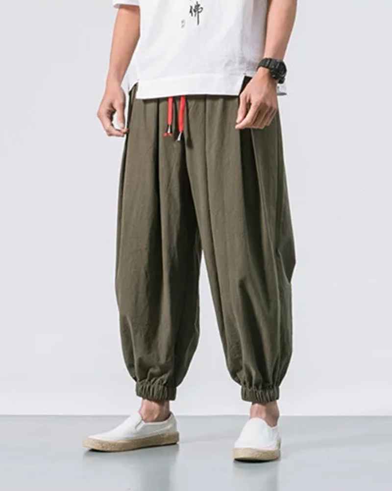 Men's Cotton Linen Cropped Pants - Loose Drawstring Trousers