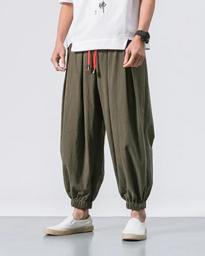 Men's Cotton Linen Cropped Pants - Loose Drawstring Trousers