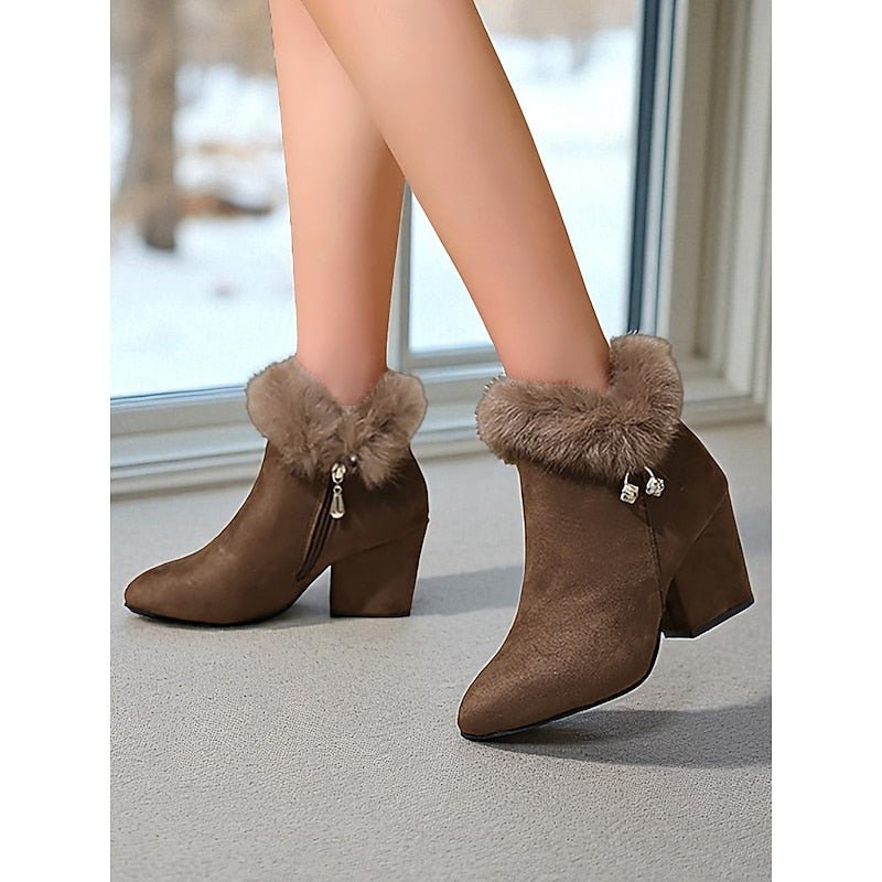 Women's Fur-Trimmed Ankle Boots - Pointed Toe Block Heel