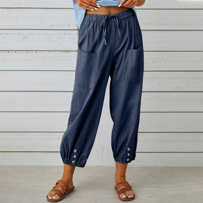 Women's Drawstring Cropped Trousers - Relaxed Cotton Linen