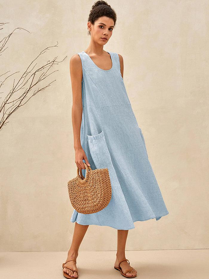 Women's 100% Linen Sleeveless Midi Dress with Pockets