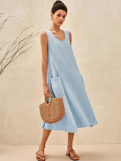 Women's 100% Linen Sleeveless Midi Dress with Pockets