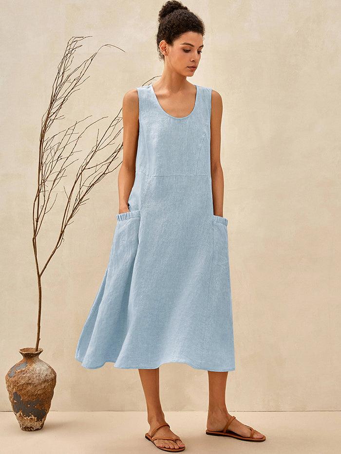 Women's 100% Linen Sleeveless Midi Dress with Pockets
