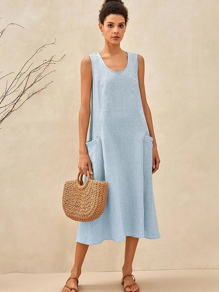Women's 100% Linen Sleeveless Midi Dress with Pockets