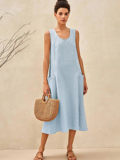 Women's 100% Linen Sleeveless Midi Dress with Pockets