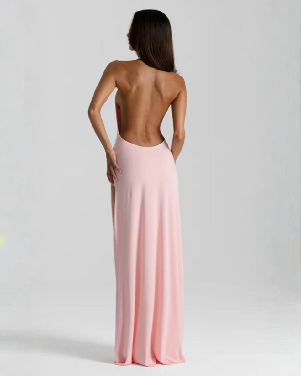 Women's Halter Neck Backless Maxi Dress - Evening Slit Gown