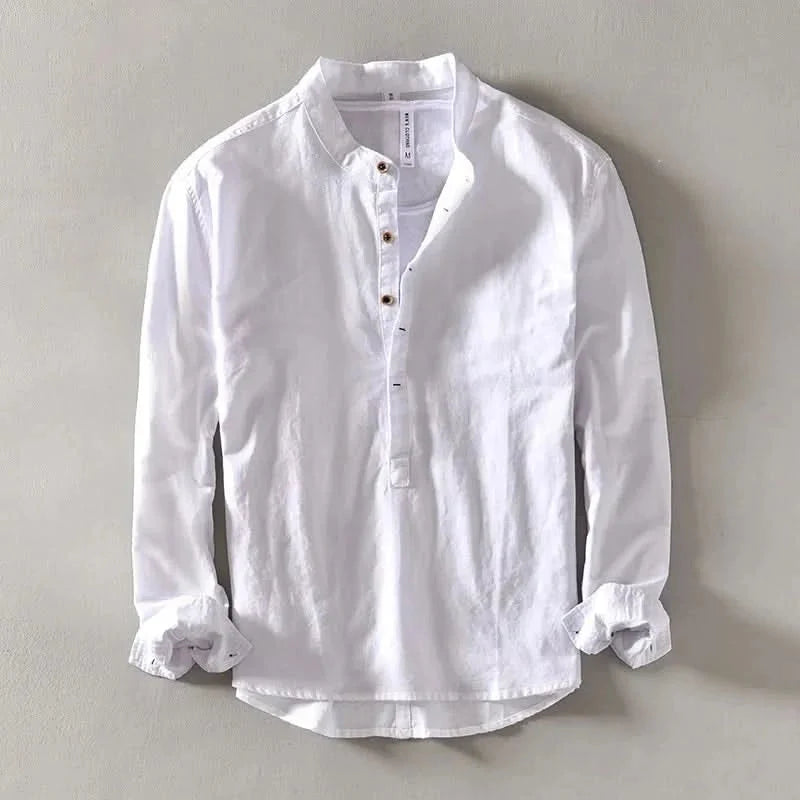 Men's Linen Mandarin Collar Shirt - Relaxed Long Sleeve Top