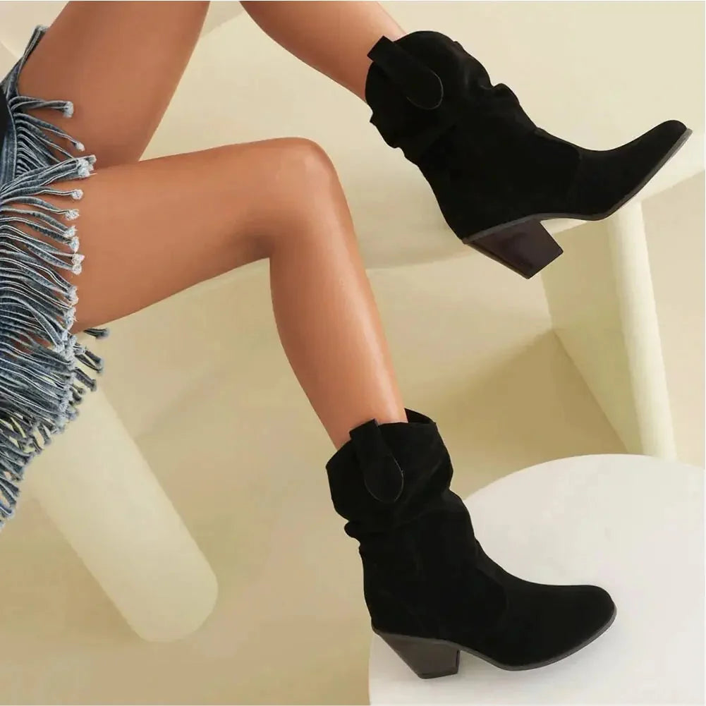 Retro Suede Slouchy Cowboy Boots - Chunky Heel Western Boots