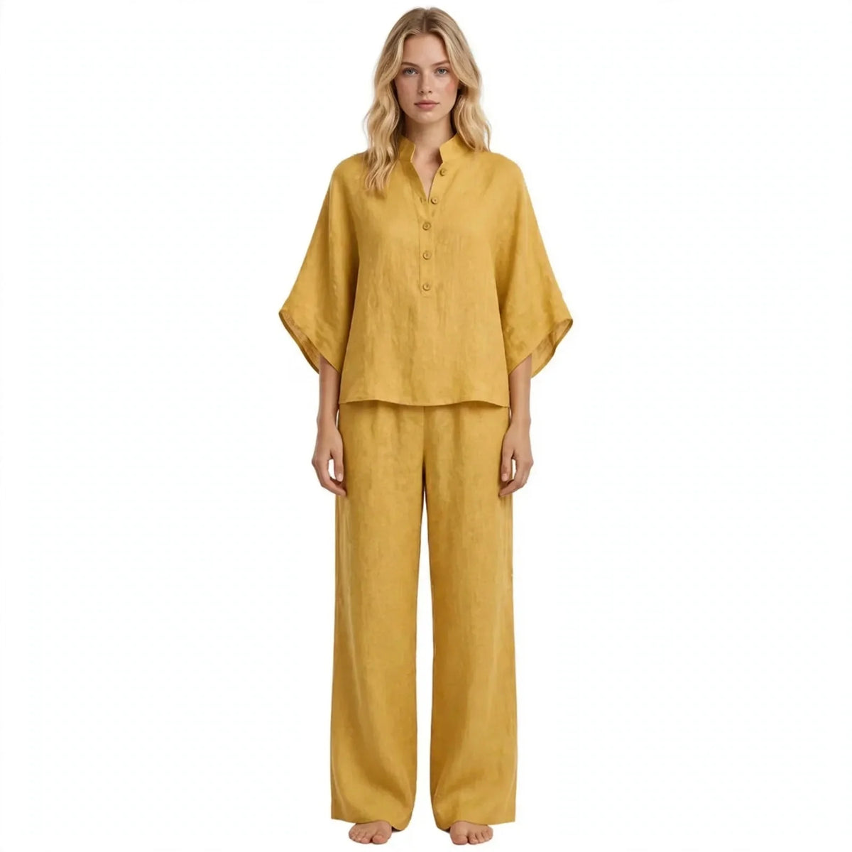 Linen Batwing Sleeve Top and Wide Leg Pants Set for Women