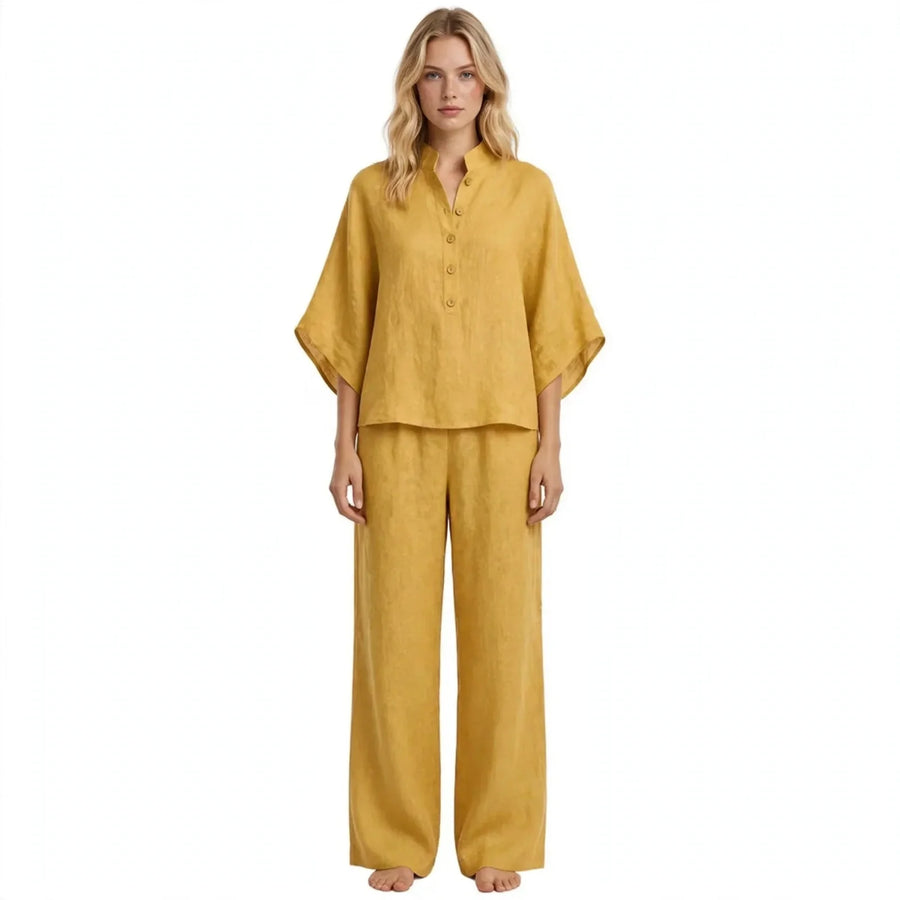 Linen Batwing Sleeve Top and Wide Leg Pants Set for Women
