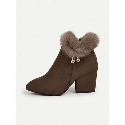 Women's Fur-Trimmed Ankle Boots - Pointed Toe Block Heel
