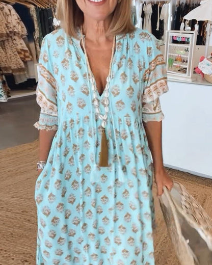 Women's Floral V-Neck Dress - Flowy Chic Midi Summer Dress