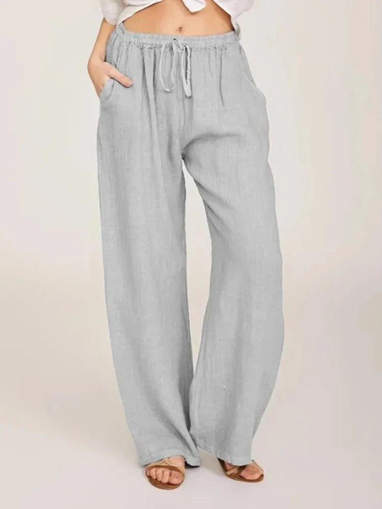 Women's Linen Wide Leg Pants - Drawstring Elastic Waist
