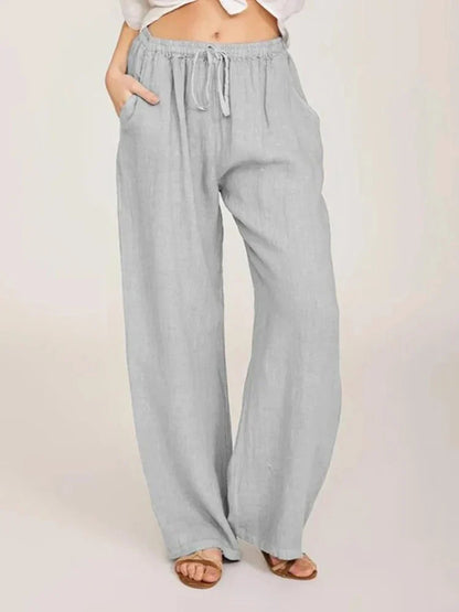 Women's Linen Wide Leg Pants - Drawstring Elastic Waist