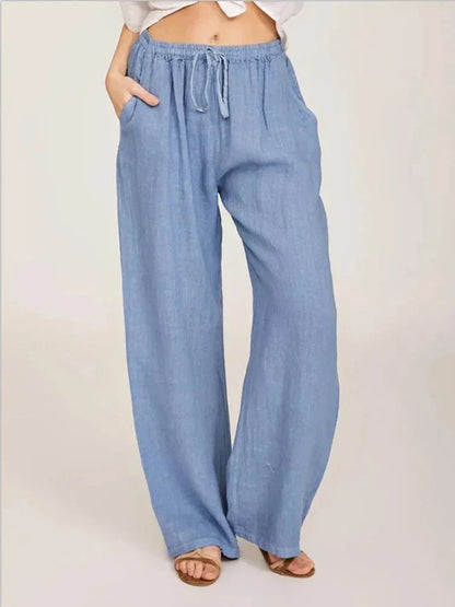 Women's Linen Wide Leg Pants - Drawstring Elastic Waist