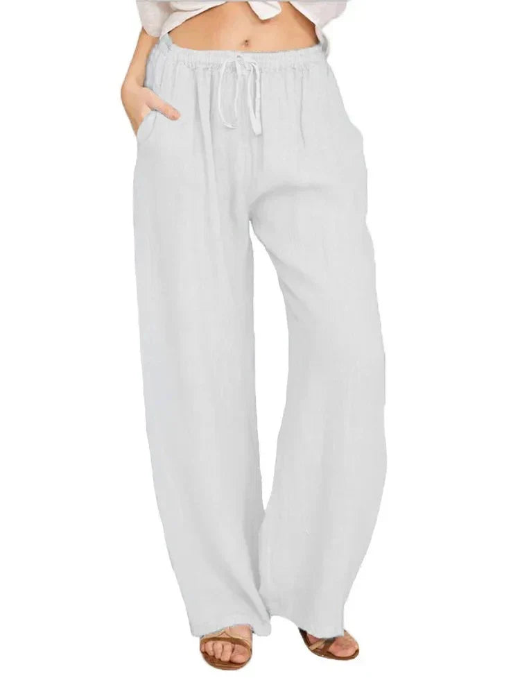 Women's Linen Wide Leg Pants - Drawstring Elastic Waist
