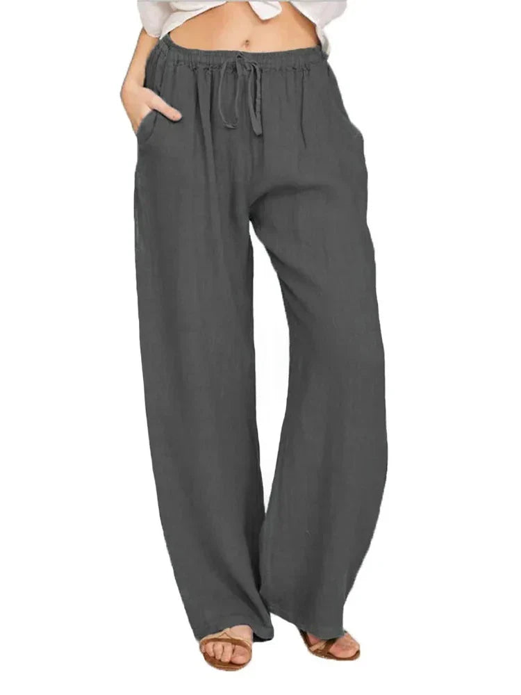 Women's Linen Wide Leg Pants - Drawstring Elastic Waist