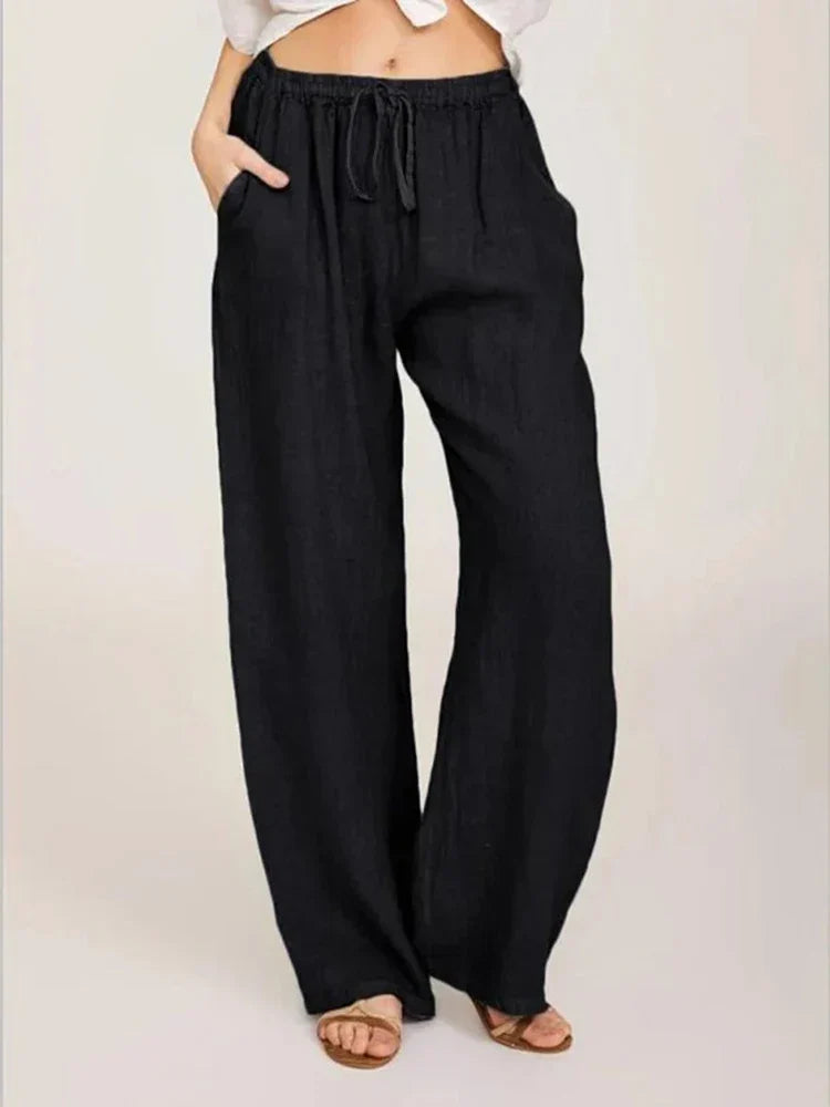Women's Linen Wide Leg Pants - Drawstring Elastic Waist