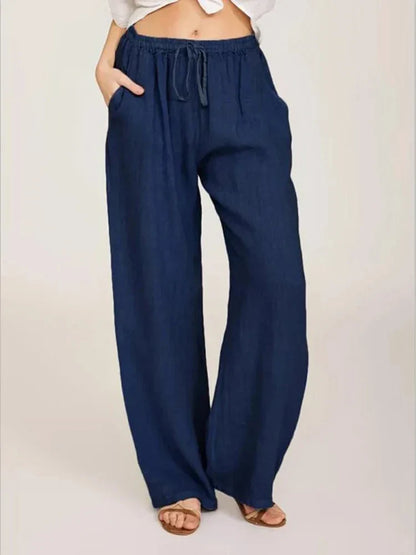 Women's Linen Wide Leg Pants - Drawstring Elastic Waist