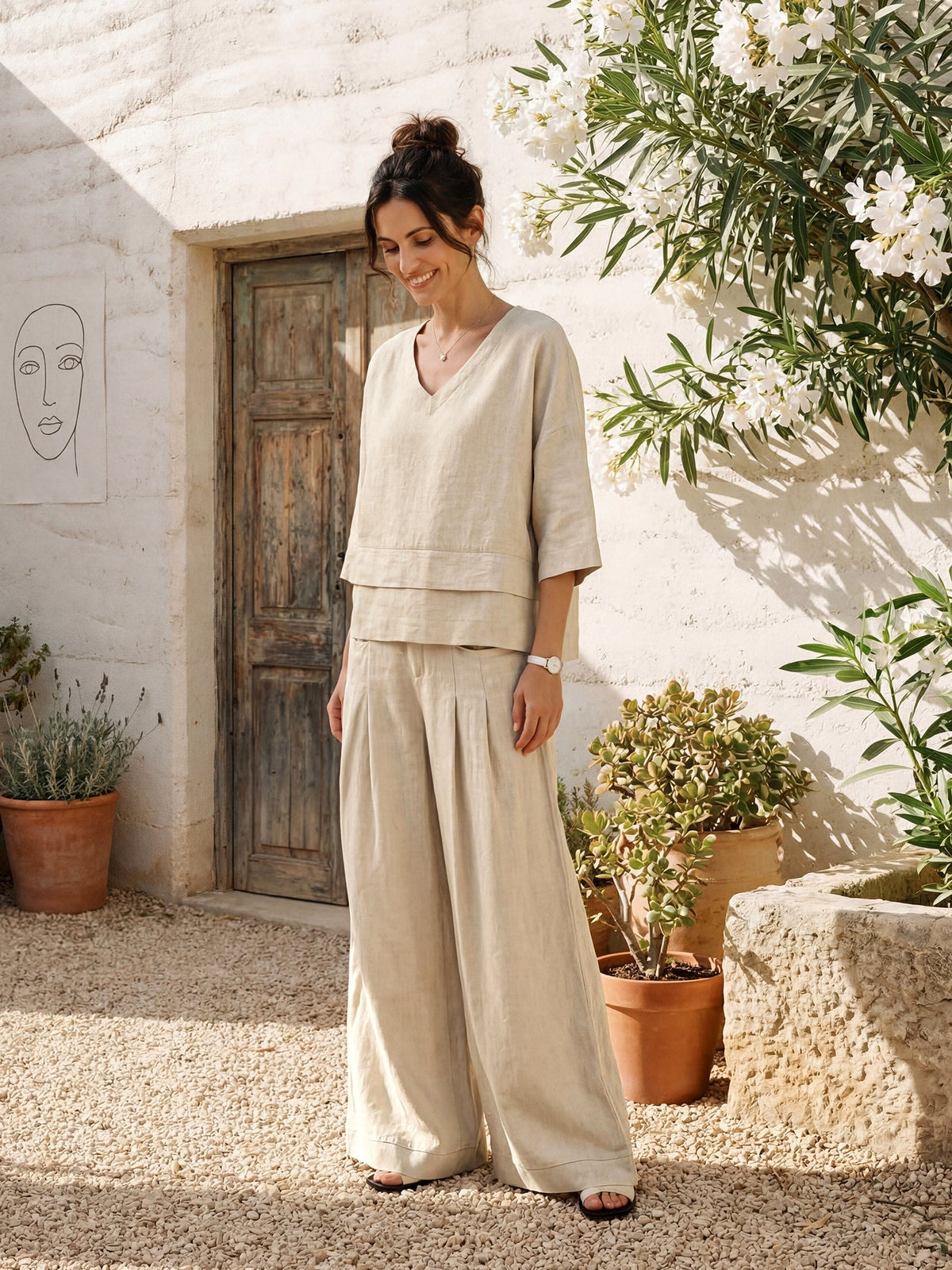 Women's Linen Wide Leg Pants with Welt Pockets - High Rise