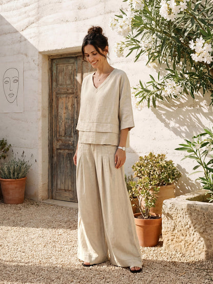 Women's Linen Wide Leg Pants with Welt Pockets - High Rise