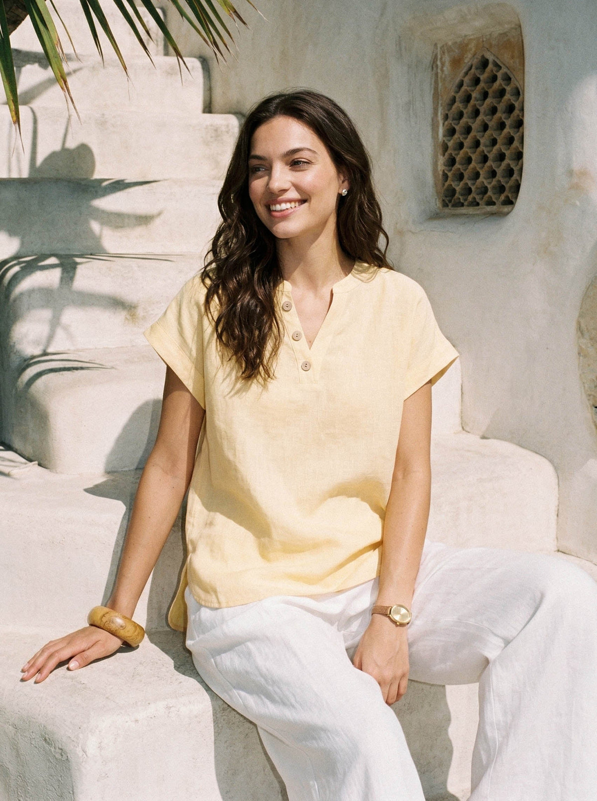 Women's 100% Linen V-Neck Blouse - Short Sleeve Button Top