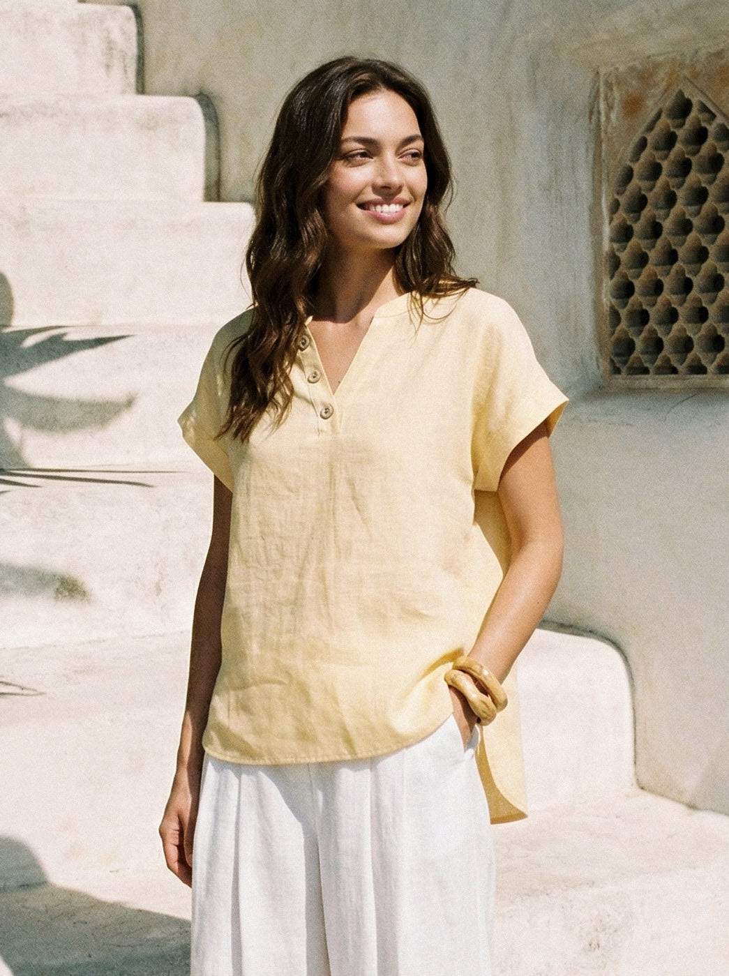 Women's 100% Linen V-Neck Blouse - Short Sleeve Button Top