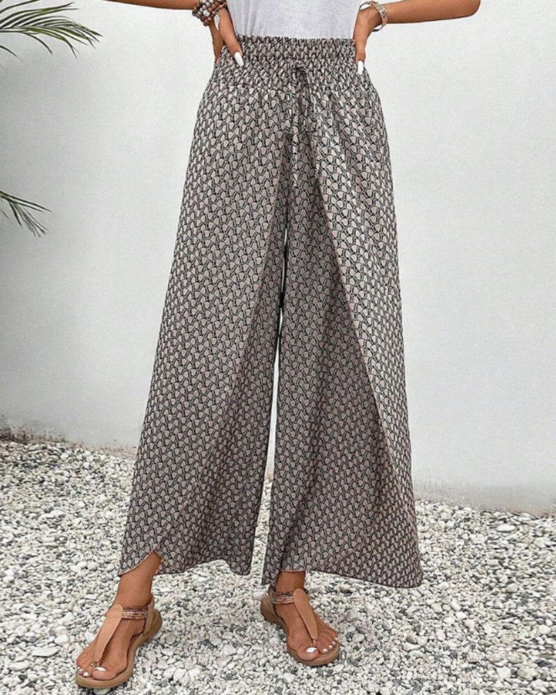Women's Linen Wide Leg Trousers - Elastic Drawstring Waist