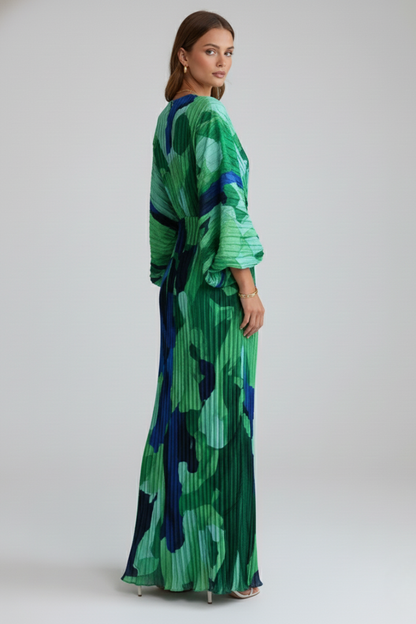 Women's Pleated Maxi Dress - V Neck Long Sleeve Side Slit