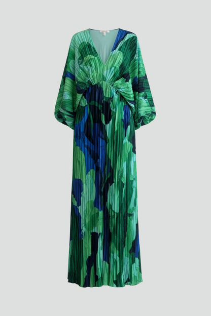 Women's Pleated Maxi Dress - V Neck Long Sleeve Side Slit