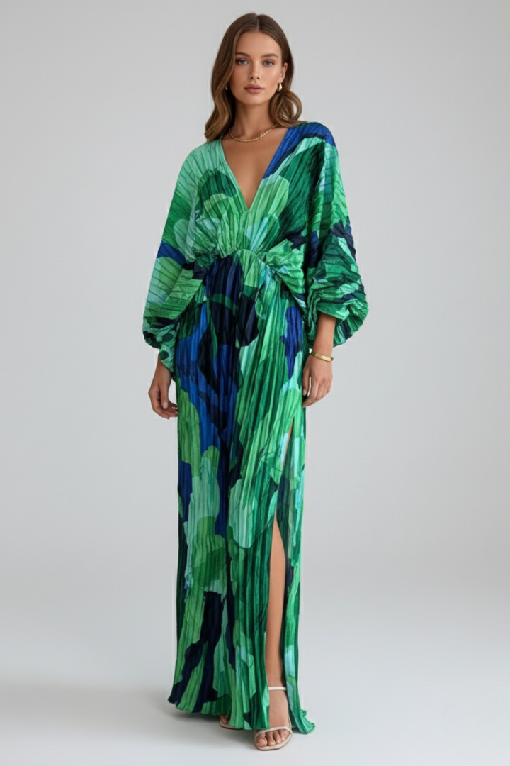 Women's Pleated Maxi Dress - V Neck Long Sleeve Side Slit