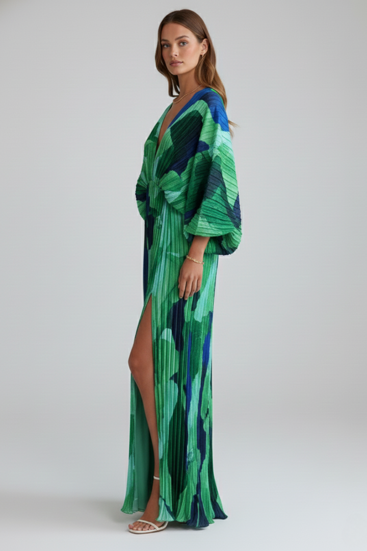 Women's Pleated Maxi Dress - V Neck Long Sleeve Side Slit