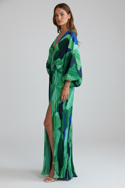Women's Pleated Maxi Dress - V Neck Long Sleeve Side Slit
