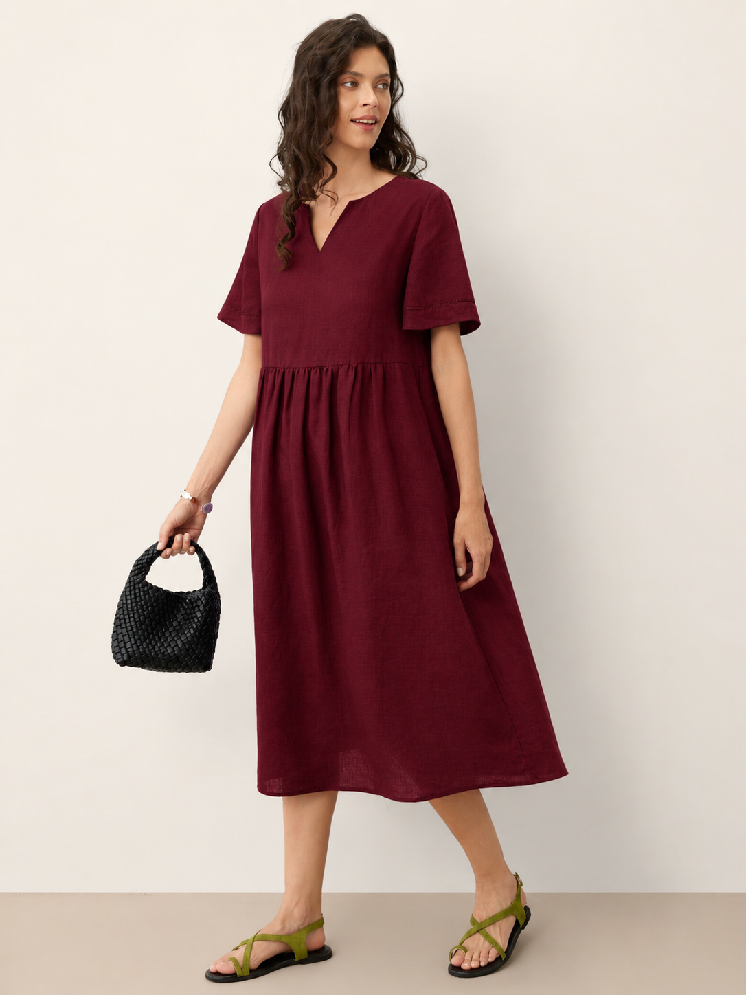 Women's 100% Linen Ruched Midi Dress - Short Sleeve Office