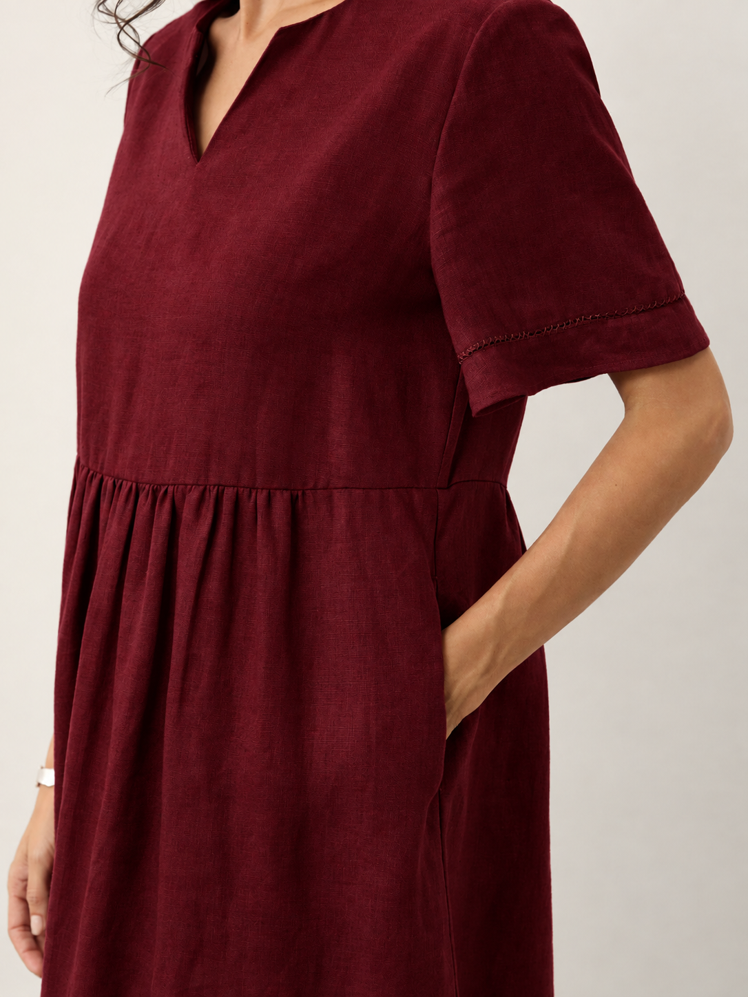 Women's 100% Linen Ruched Midi Dress - Short Sleeve Office