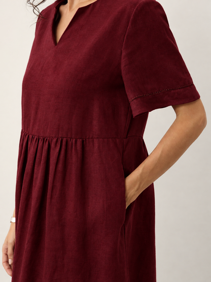 Women's 100% Linen Ruched Midi Dress - Short Sleeve Office