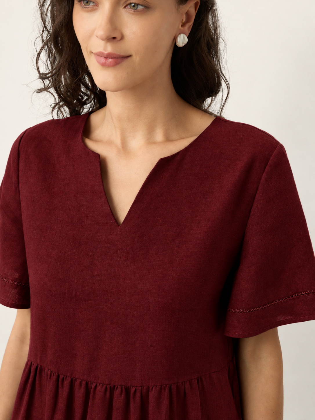Women's 100% Linen Ruched Midi Dress - Short Sleeve Office
