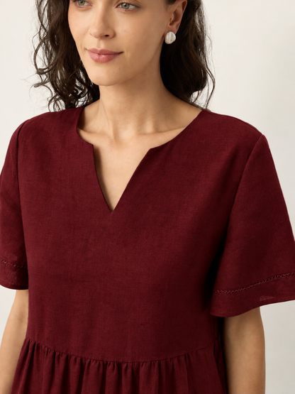 Women's 100% Linen Ruched Midi Dress - Short Sleeve Office