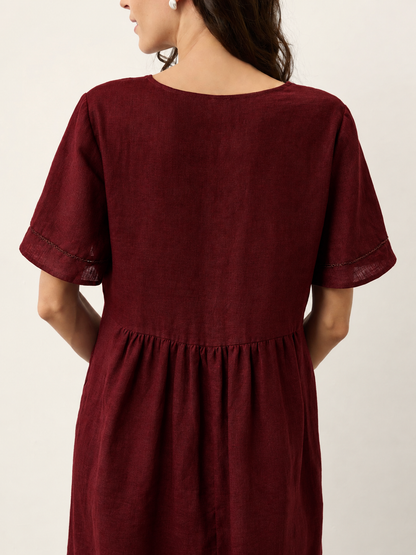 Women's 100% Linen Ruched Midi Dress - Short Sleeve Office